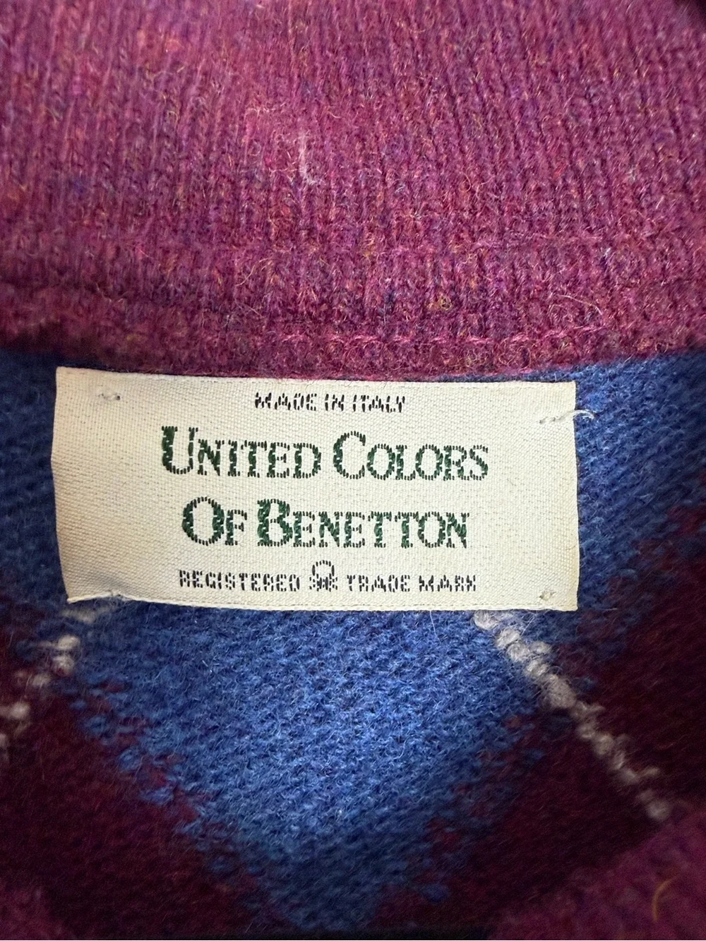 Vintage 1980s Benetton Men’s 52 /L Lambswool Argyle Polo Sweater Made in Italy